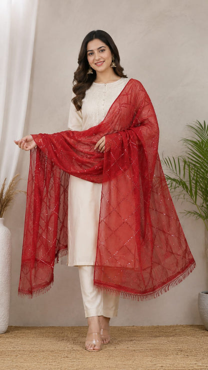 Premium Red Soft Cotton Embellished Dupatta with Delicate Sequins and Fringes