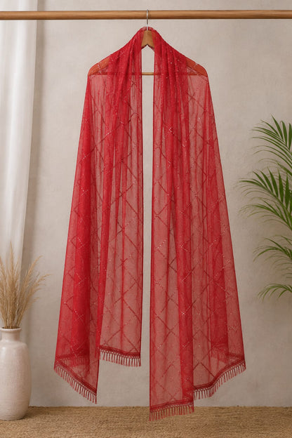 Premium Red Soft Cotton Embellished Dupatta with Delicate Sequins and Fringes