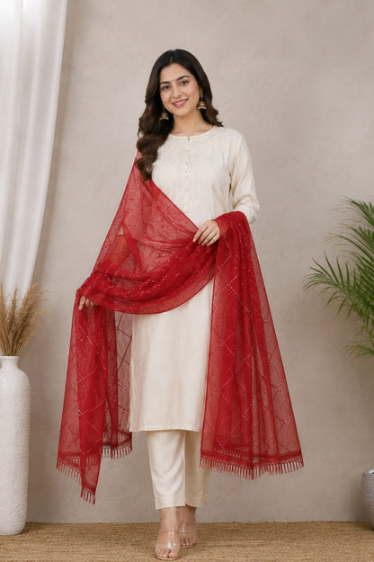Premium Red Soft Cotton Embellished Dupatta with Delicate Sequins and Fringes