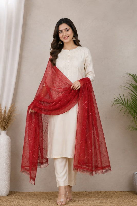 Premium Red Soft Cotton Embellished Dupatta with Delicate Sequins and Fringes