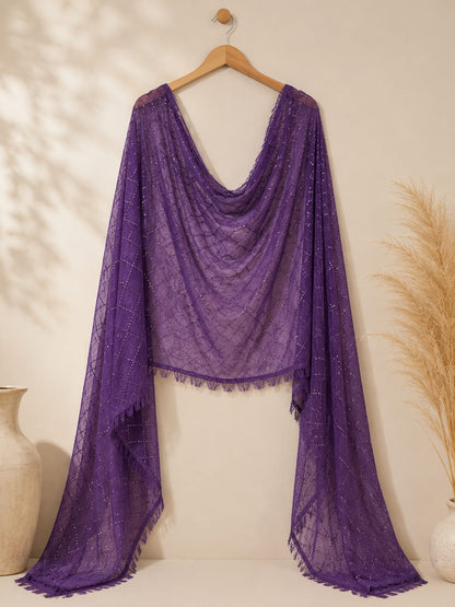 Elegant Purple Soft Cotton Sequin Work Dupatta with Tassel Edges