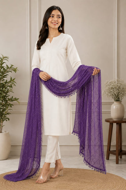 Elegant Purple Soft Cotton Sequin Work Dupatta with Tassel Edges