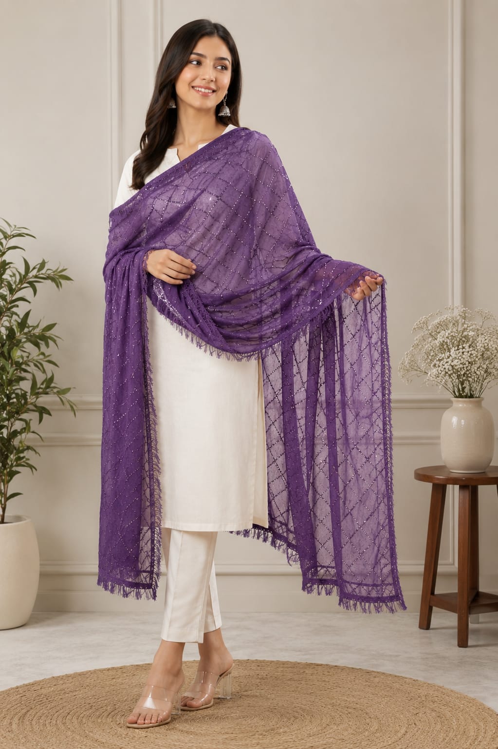 Elegant Purple Soft Cotton Sequin Work Dupatta with Tassel Edges