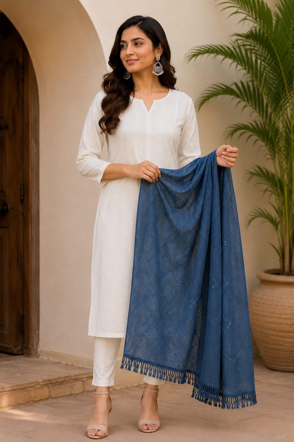 Premium Soft Cotton Dupatta with Sequin Embellishments and Tassels - Royal Blue