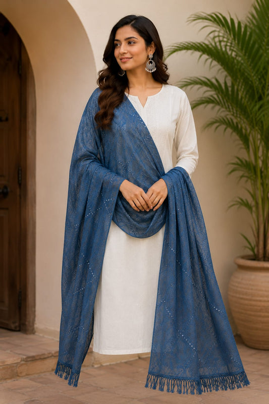 Premium Soft Cotton Dupatta with Sequin Embellishments and Tassels - Royal Blue