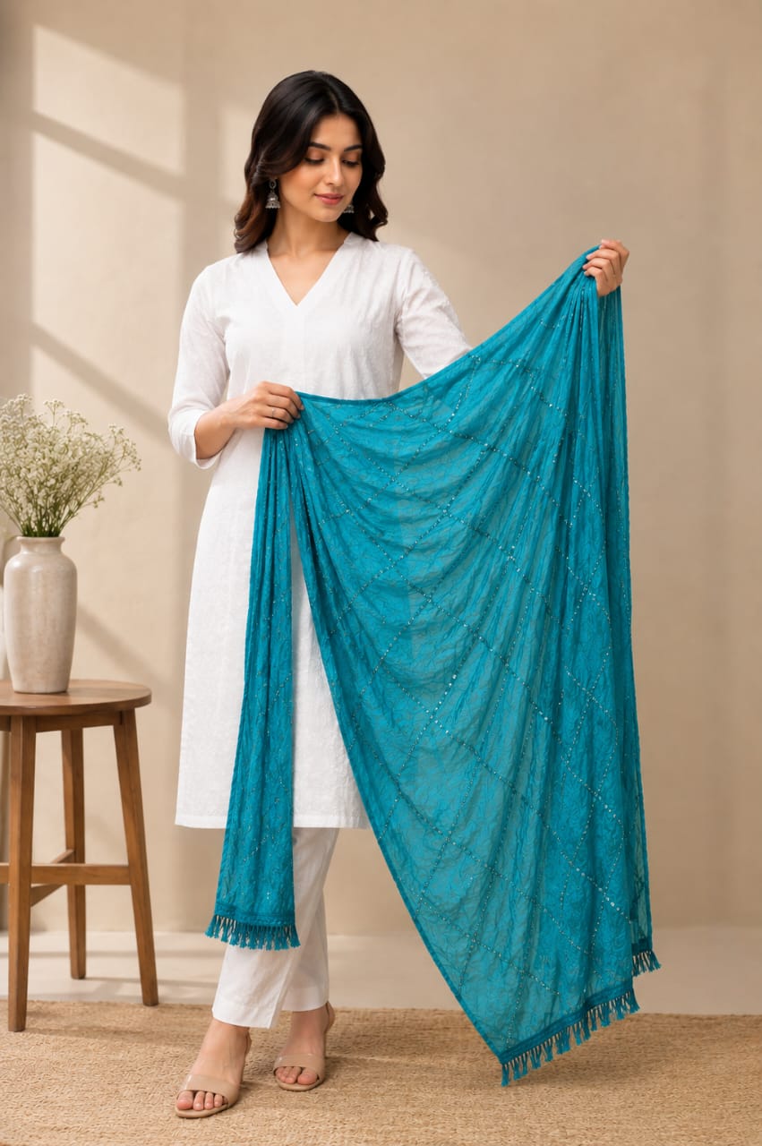 Teal Blue Soft Cotton Sequin Embroidered Dupatta with Tassels – Ethnic Festive Stole for Women