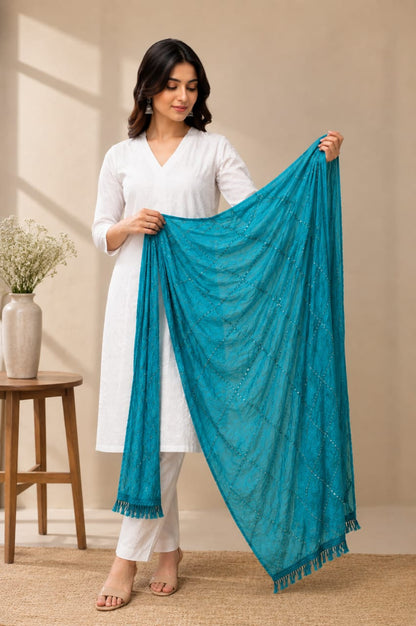 Teal Blue Soft Cotton Sequin Embroidered Dupatta with Tassels – Ethnic Festive Stole for Women