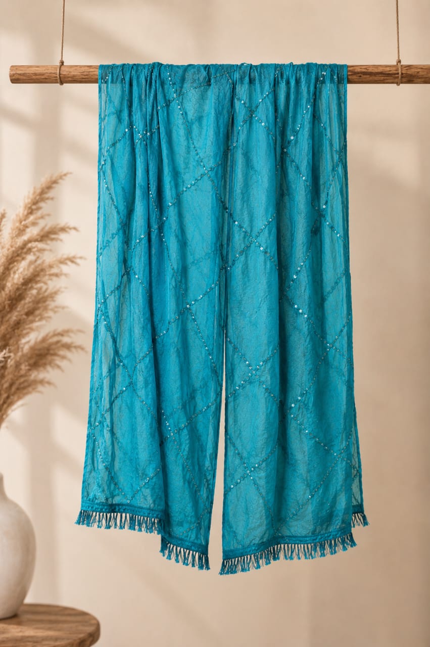 Teal Blue Soft Cotton Sequin Embroidered Dupatta with Tassels – Ethnic Festive Stole for Women
