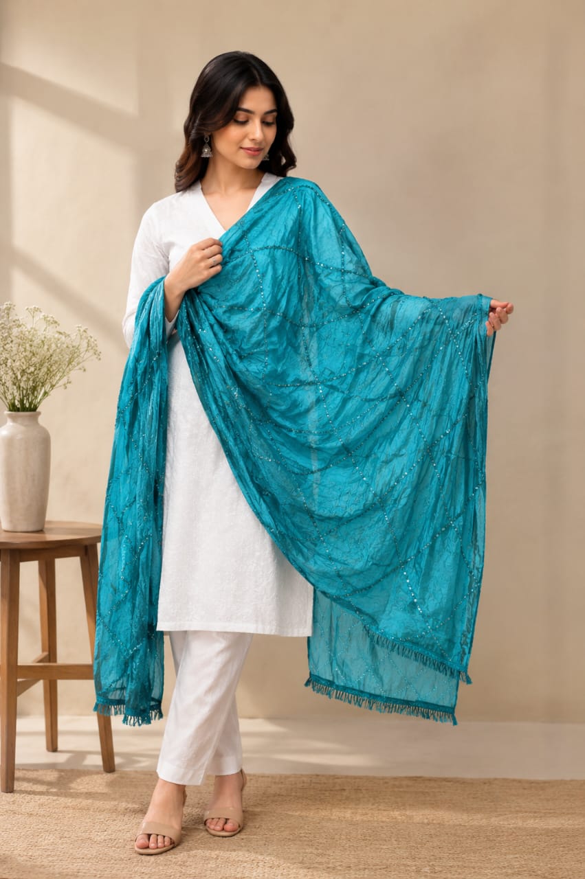 Teal Blue Soft Cotton Sequin Embroidered Dupatta with Tassels – Ethnic Festive Stole for Women