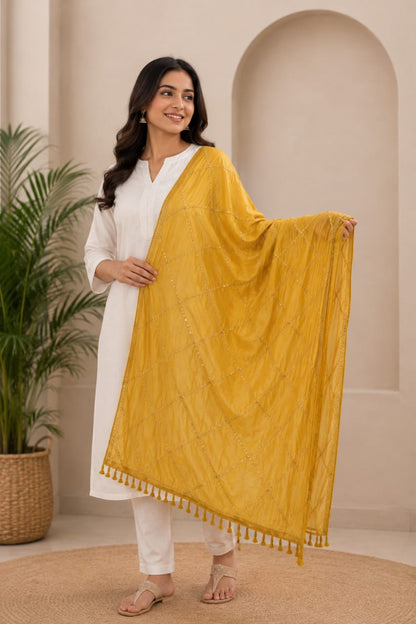 Premium Mustard Yellow Soft Cotton Dupatta with Sequin Embroidery and Tassels