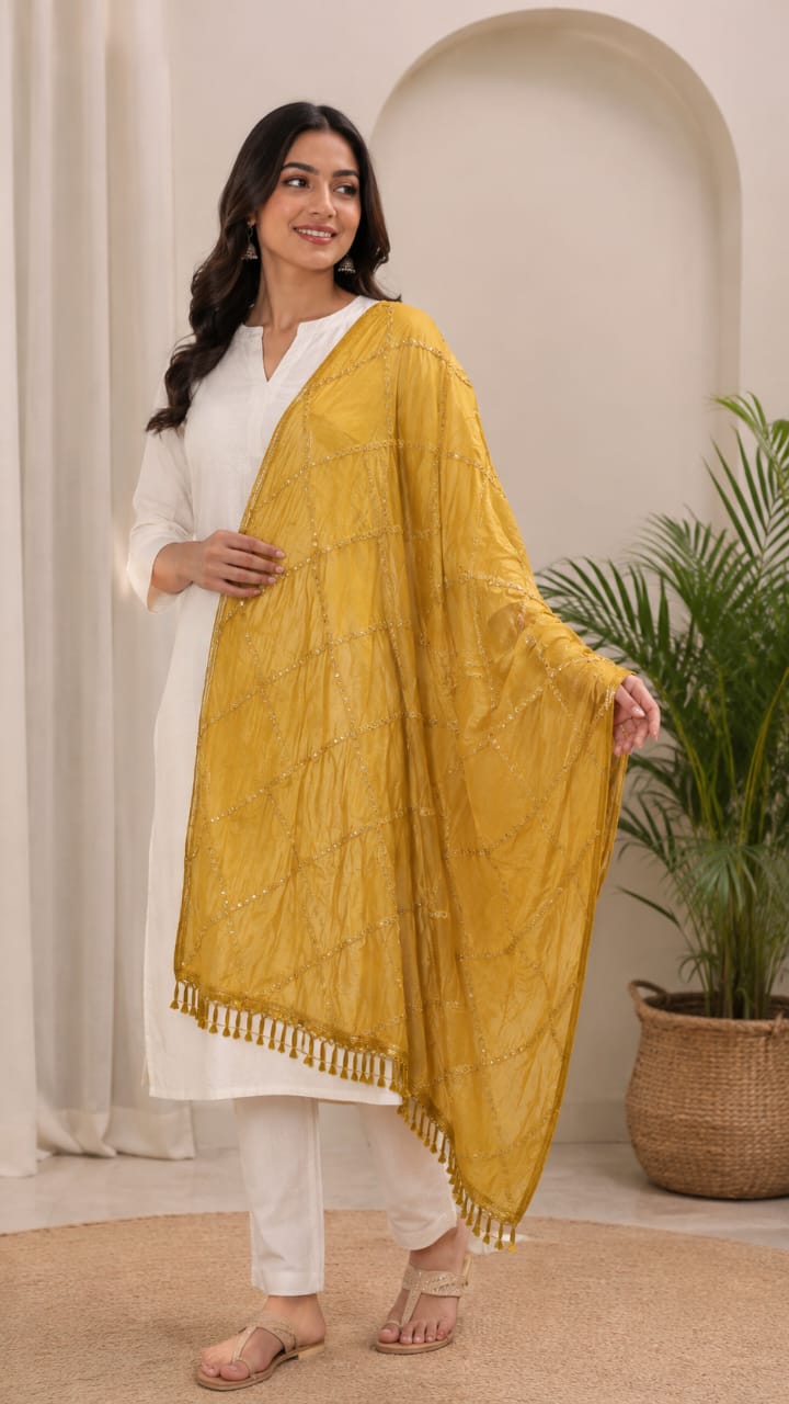 Premium Mustard Yellow Soft Cotton Dupatta with Sequin Embroidery and Tassels