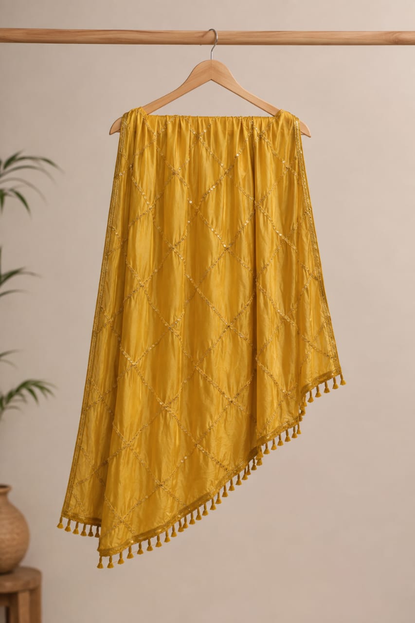 Premium Mustard Yellow Soft Cotton Dupatta with Sequin Embroidery and Tassels