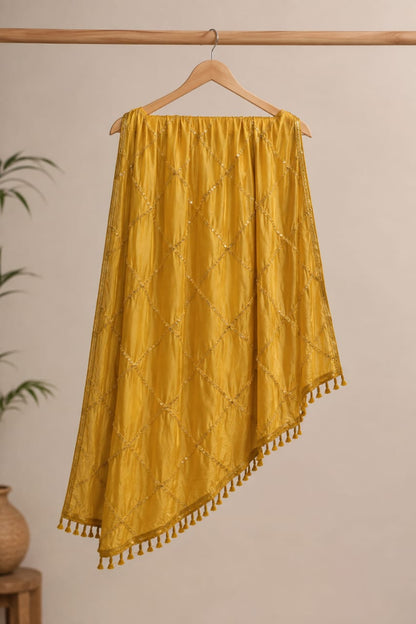 Premium Mustard Yellow Soft Cotton Dupatta with Sequin Embroidery and Tassels