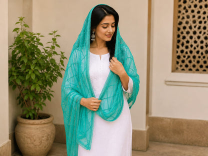 Premium Soft Cotton Turquoise Green Dupatta with Intricate Lace Work & Embroidered Details