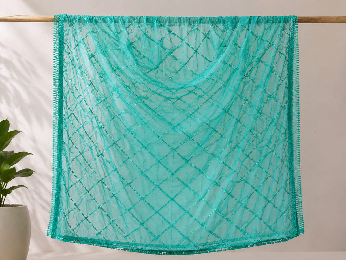 Premium Soft Cotton Turquoise Green Dupatta with Intricate Lace Work & Embroidered Details
