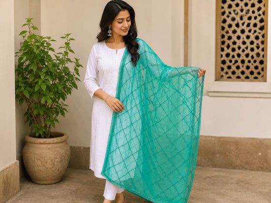 Premium Soft Cotton Turquoise Green Dupatta with Intricate Lace Work & Embroidered Details
