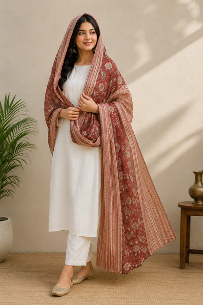Maroon & Beige Floral Printed Cotton Dupatta with Striped Border