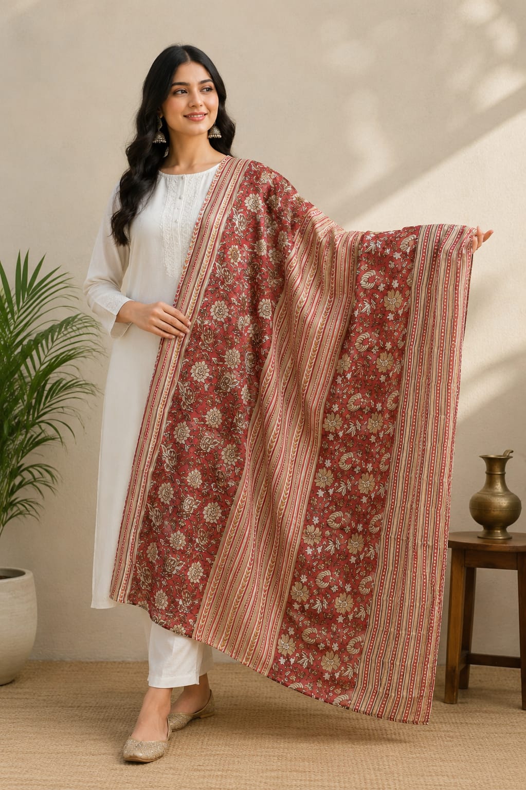 Maroon & Beige Floral Printed Cotton Dupatta with Striped Border