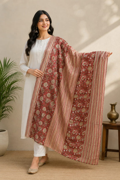 Maroon & Beige Floral Printed Cotton Dupatta with Striped Border