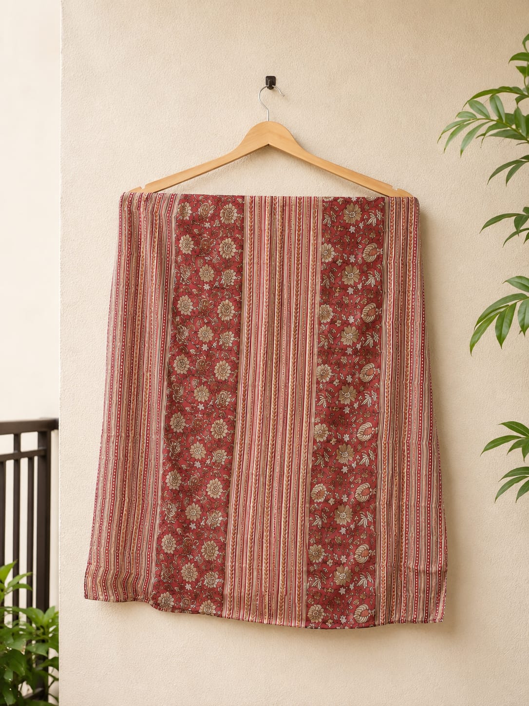 Maroon & Beige Floral Printed Cotton Dupatta with Striped Border