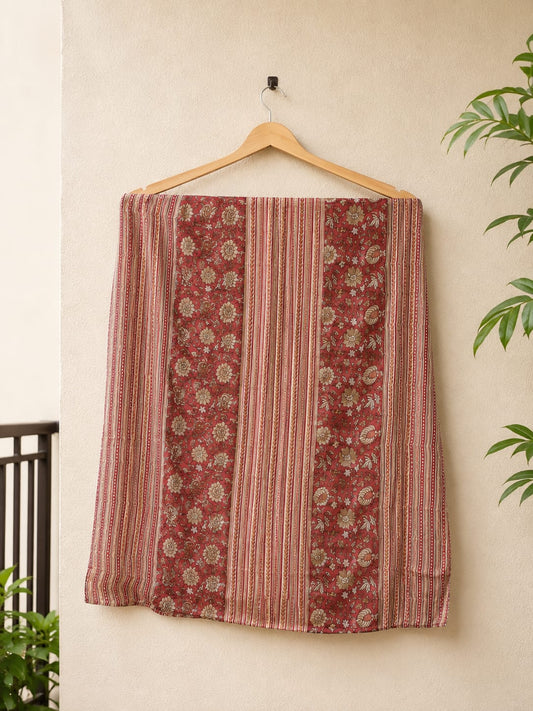 Maroon & Beige Floral Printed Cotton Dupatta with Striped Border