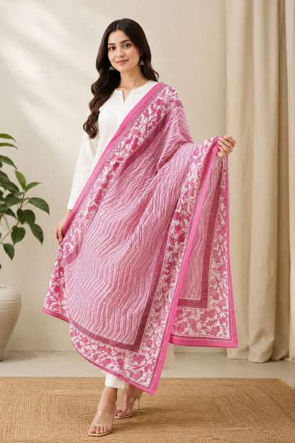 Pink Floral Printed Cotton Dupatta with Traditional Border for Women
