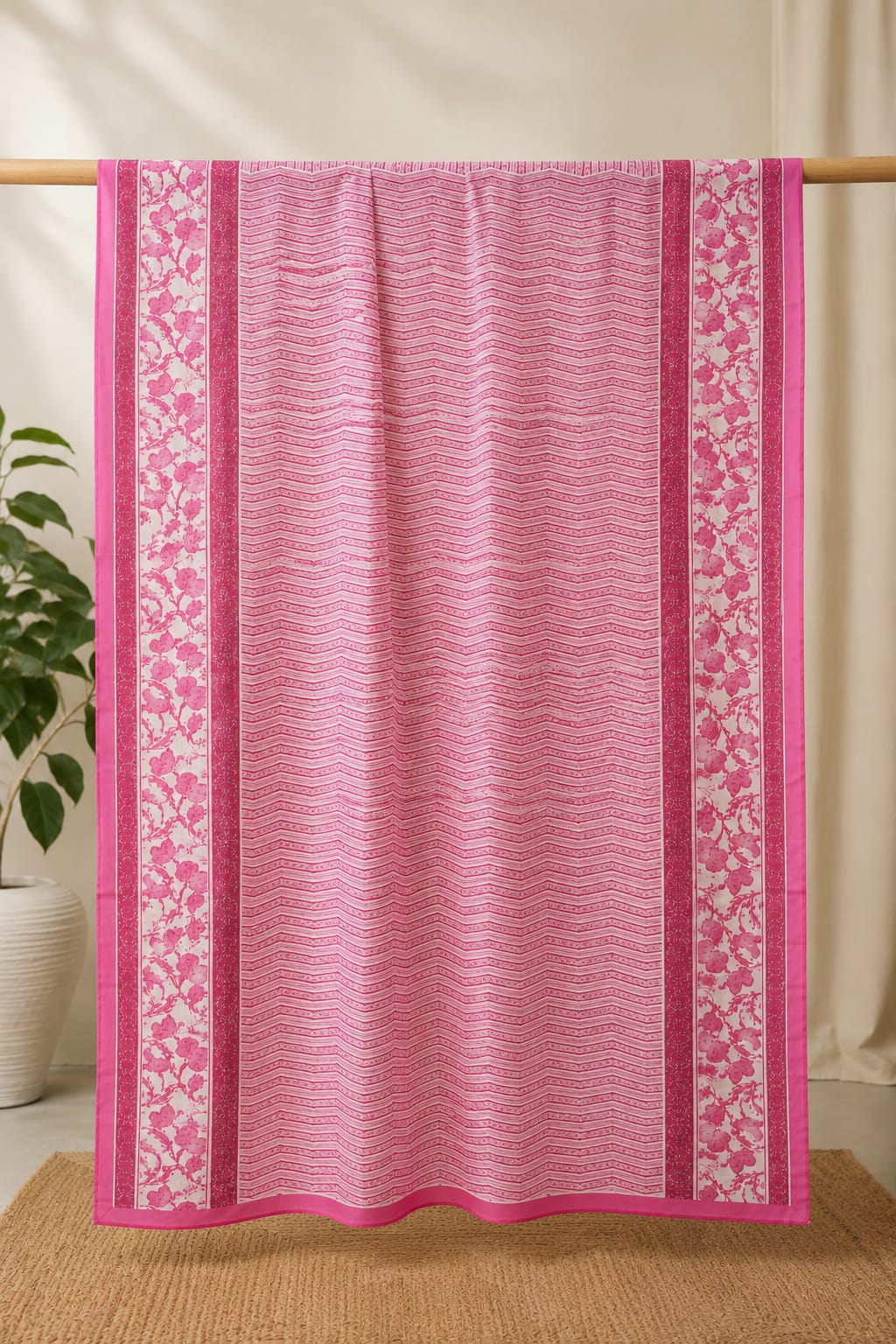 Pink Floral Printed Cotton Dupatta with Traditional Border for Women