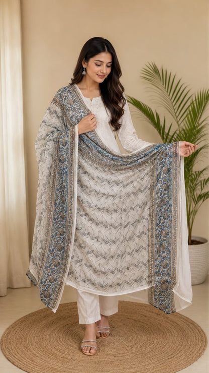 Elegant Blue and White Block Print Cotton Dupatta for Women