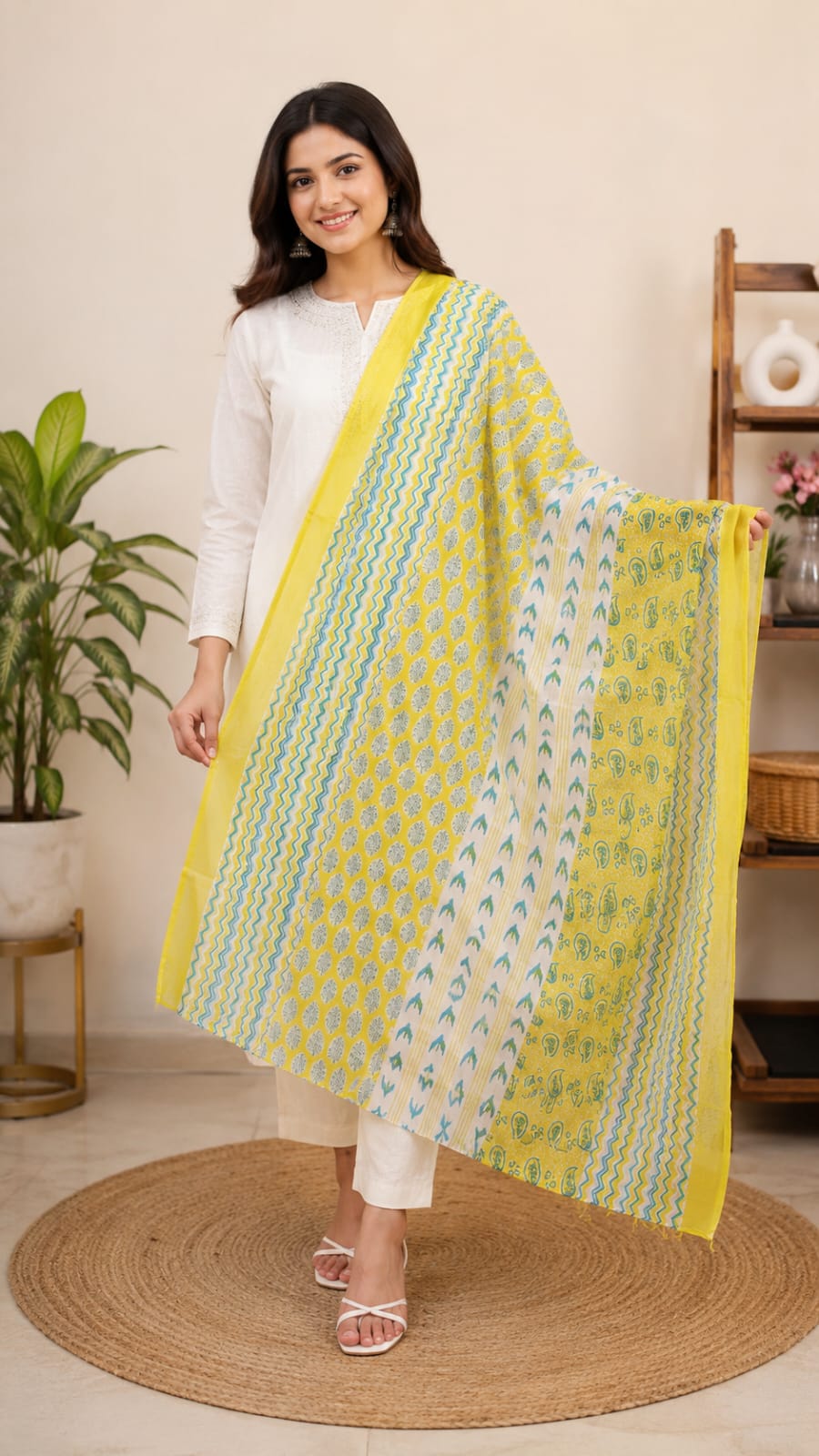 Yellow and Blue Block Printed Cotton Dupatta - Versatile Ethnic Wear