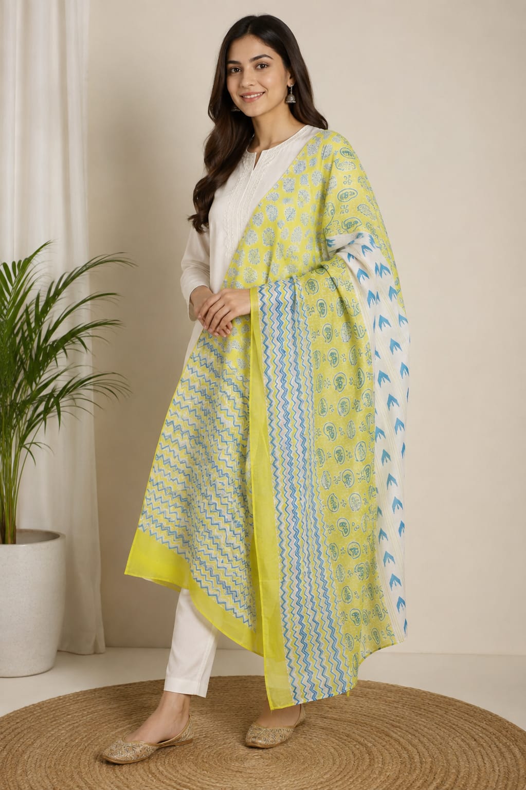 Yellow and Blue Block Printed Cotton Dupatta - Versatile Ethnic Wear
