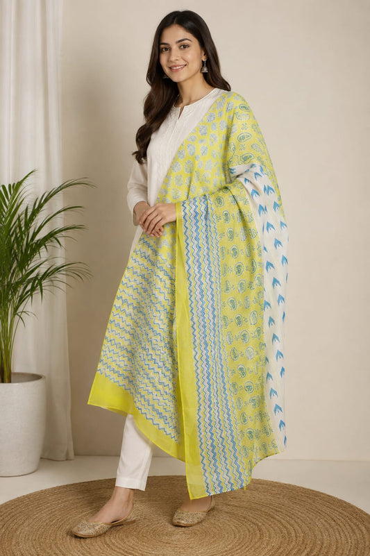 Yellow and Blue Block Printed Cotton Dupatta - Versatile Ethnic Wear