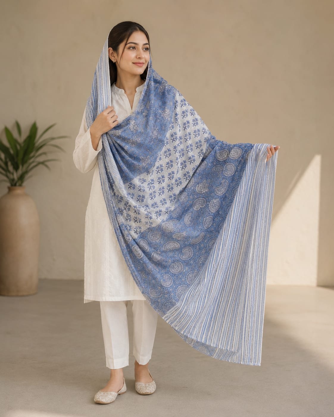 Women’s Cotton Ajrak-Inspired Print Dupatta – Blue and White