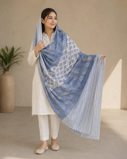 Women’s Cotton Ajrak-Inspired Print Dupatta – Blue and White