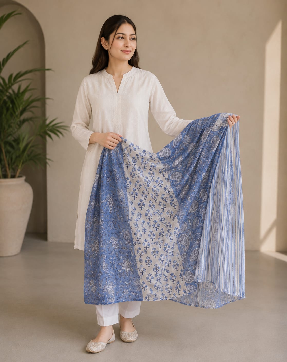 Women’s Cotton Ajrak-Inspired Print Dupatta – Blue and White