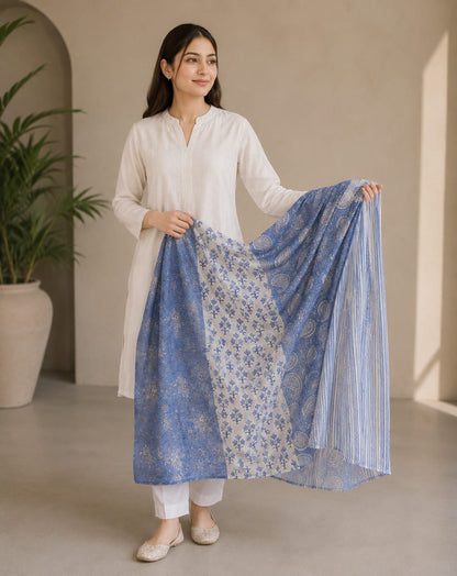 Women’s Cotton Ajrak-Inspired Print Dupatta – Blue and White
