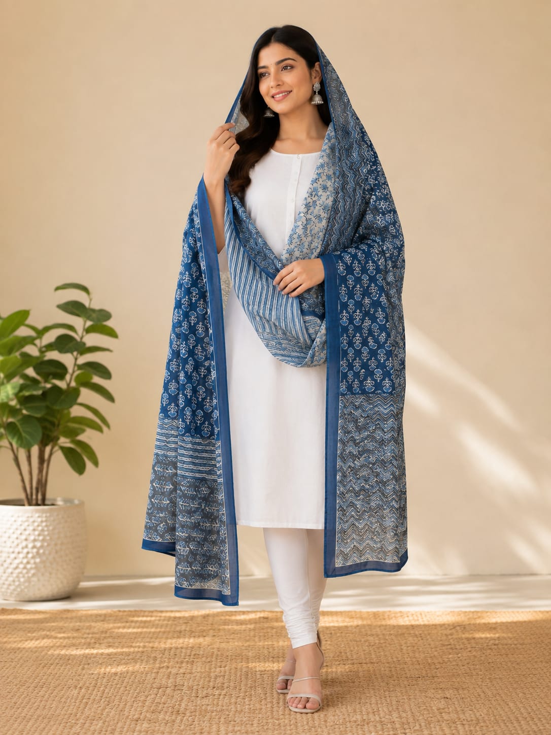Hand-Dyed Indigo Blue Cotton Block Print Dupatta – Artisan Crafted Ethnic Stole for Women