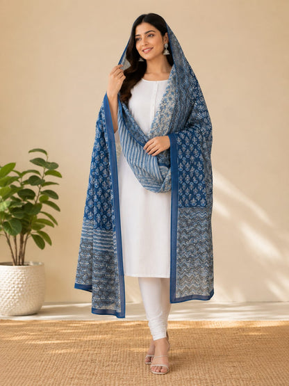 Hand-Dyed Indigo Blue Cotton Block Print Dupatta – Artisan Crafted Ethnic Stole for Women