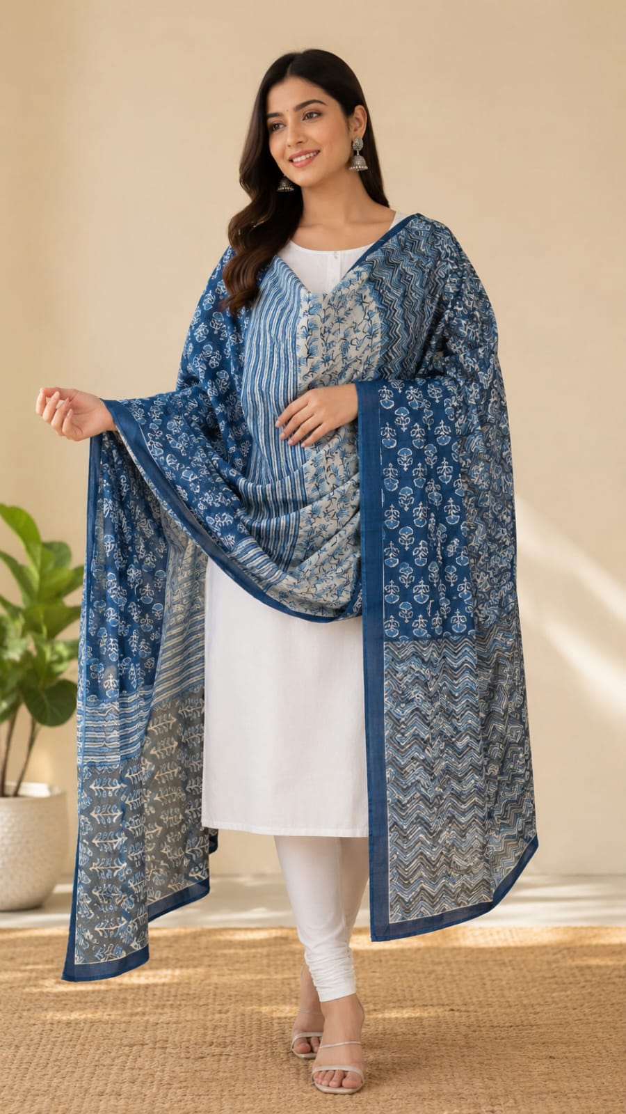 Hand-Dyed Indigo Blue Cotton Block Print Dupatta – Artisan Crafted Ethnic Stole for Women