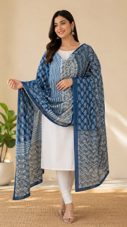 Hand-Dyed Indigo Blue Cotton Block Print Dupatta – Artisan Crafted Ethnic Stole for Women