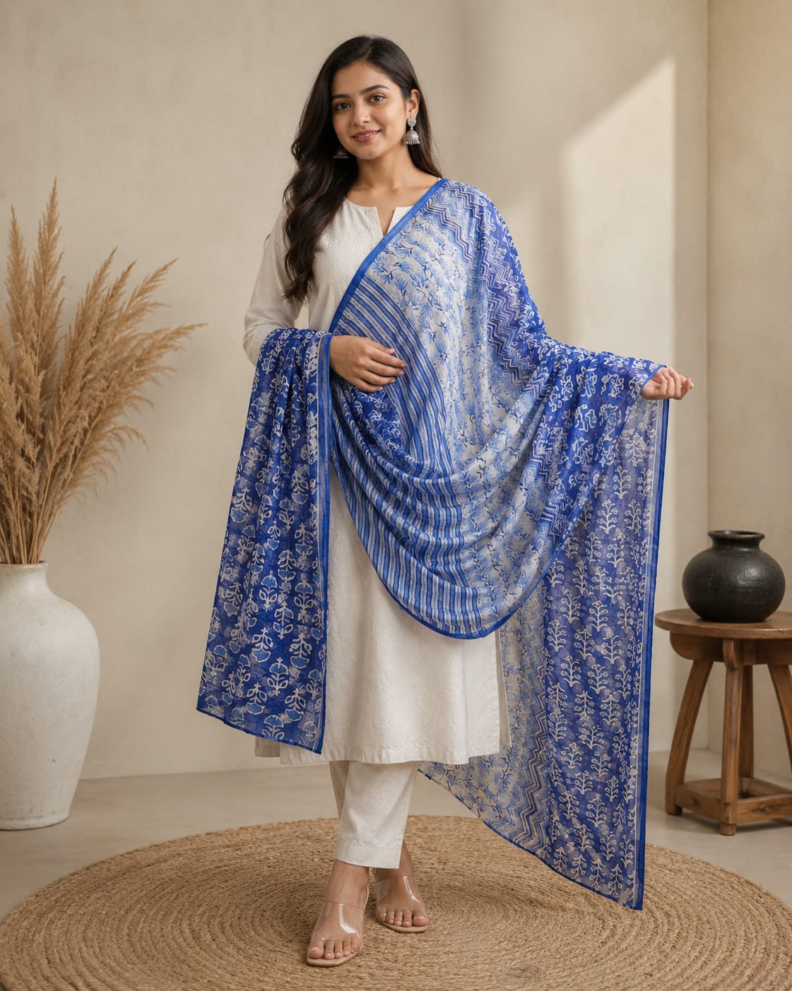 Royal Blue & White Block Printed Cotton Dupatta | Traditional Ethnic Wear