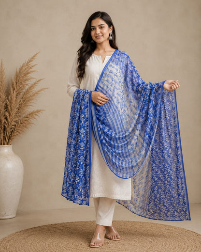 Royal Blue & White Block Printed Cotton Dupatta | Traditional Ethnic Wear