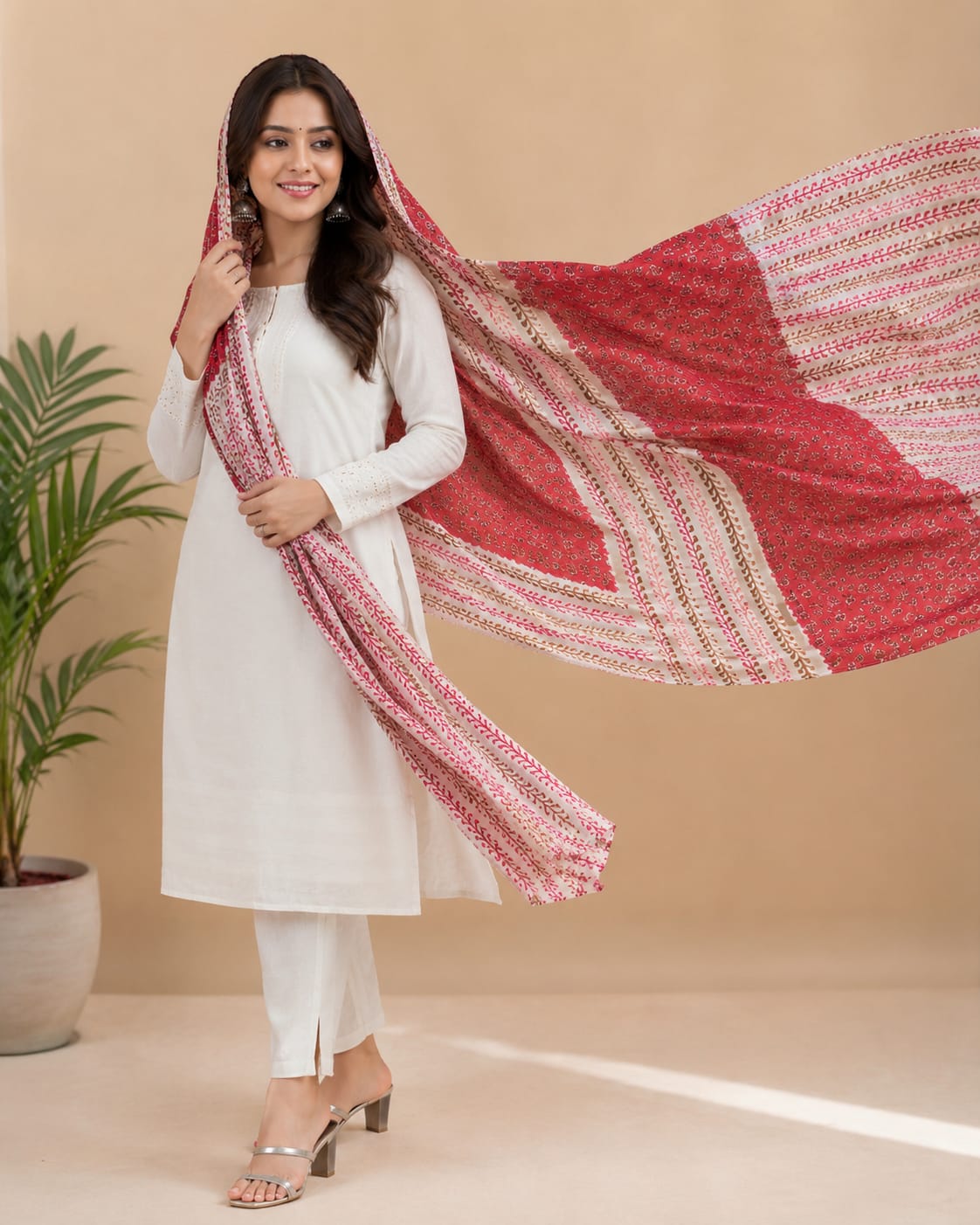 Ethnic Block Printed Pure Cotton Dupatta for Women (Red & Off-White)
