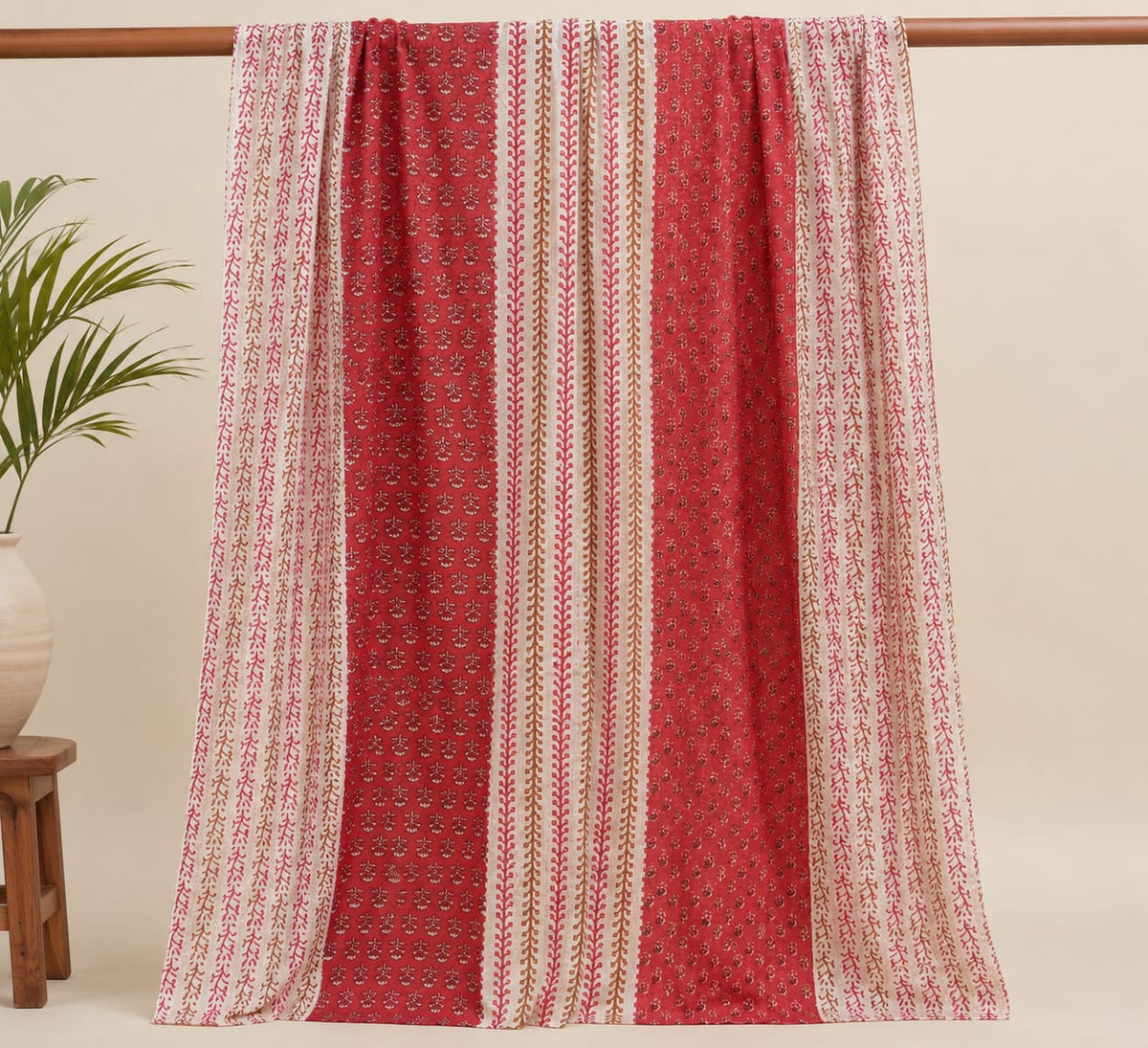 Ethnic Block Printed Pure Cotton Dupatta for Women (Red & Off-White)