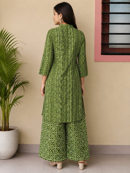 Olive Green Bandhani Printed Pure Cotton 2-Piece Kurti with Palazzo Set