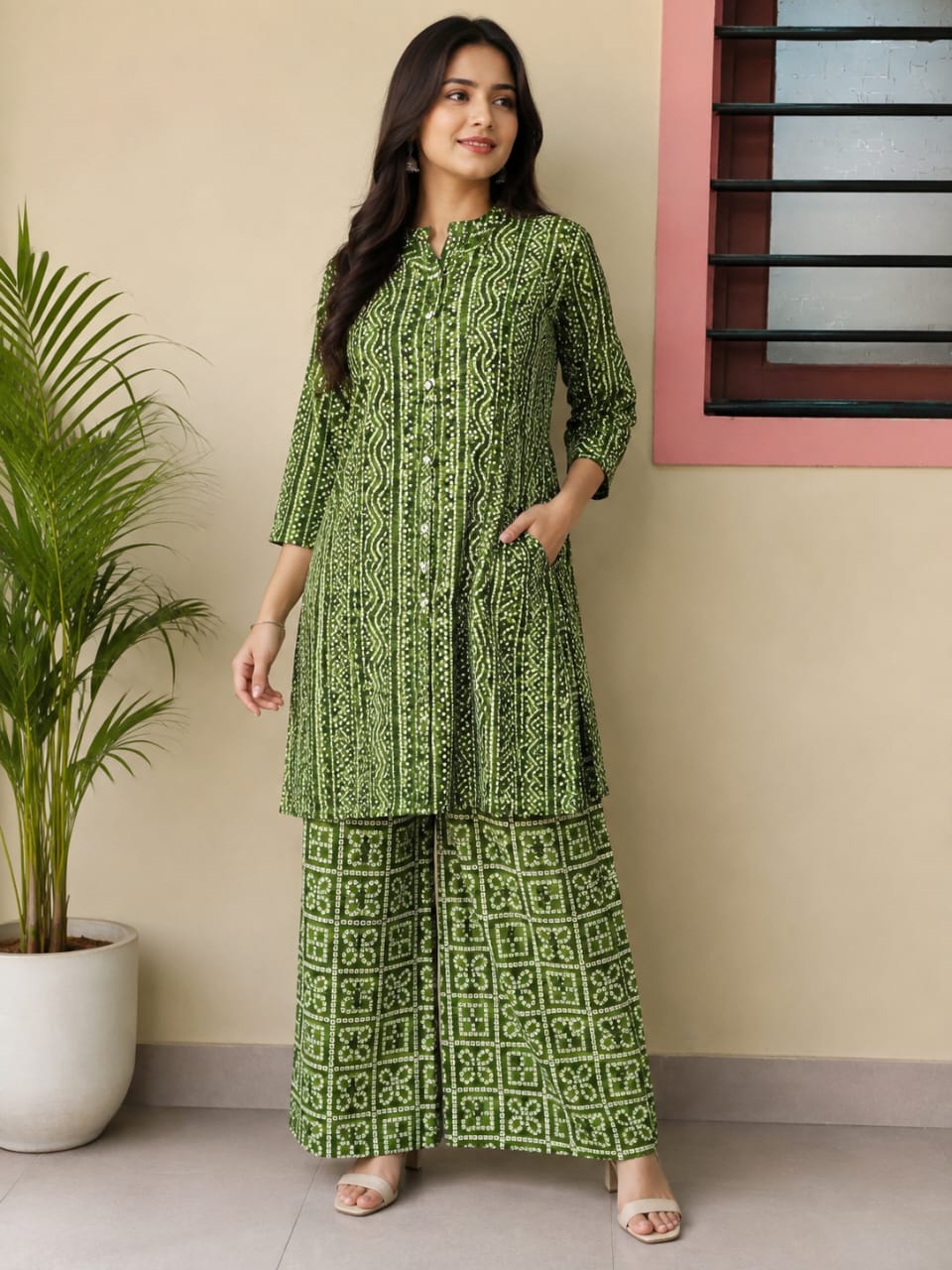 Olive Green Bandhani Printed Pure Cotton 2-Piece Kurti with Palazzo Set