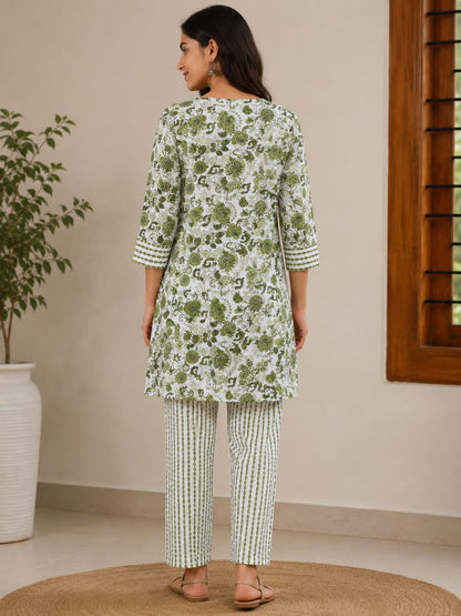 Elegant Green & White Floral Printed Cotton Kurti with Pant Set | 2-Piece Ethnic Wear for Women