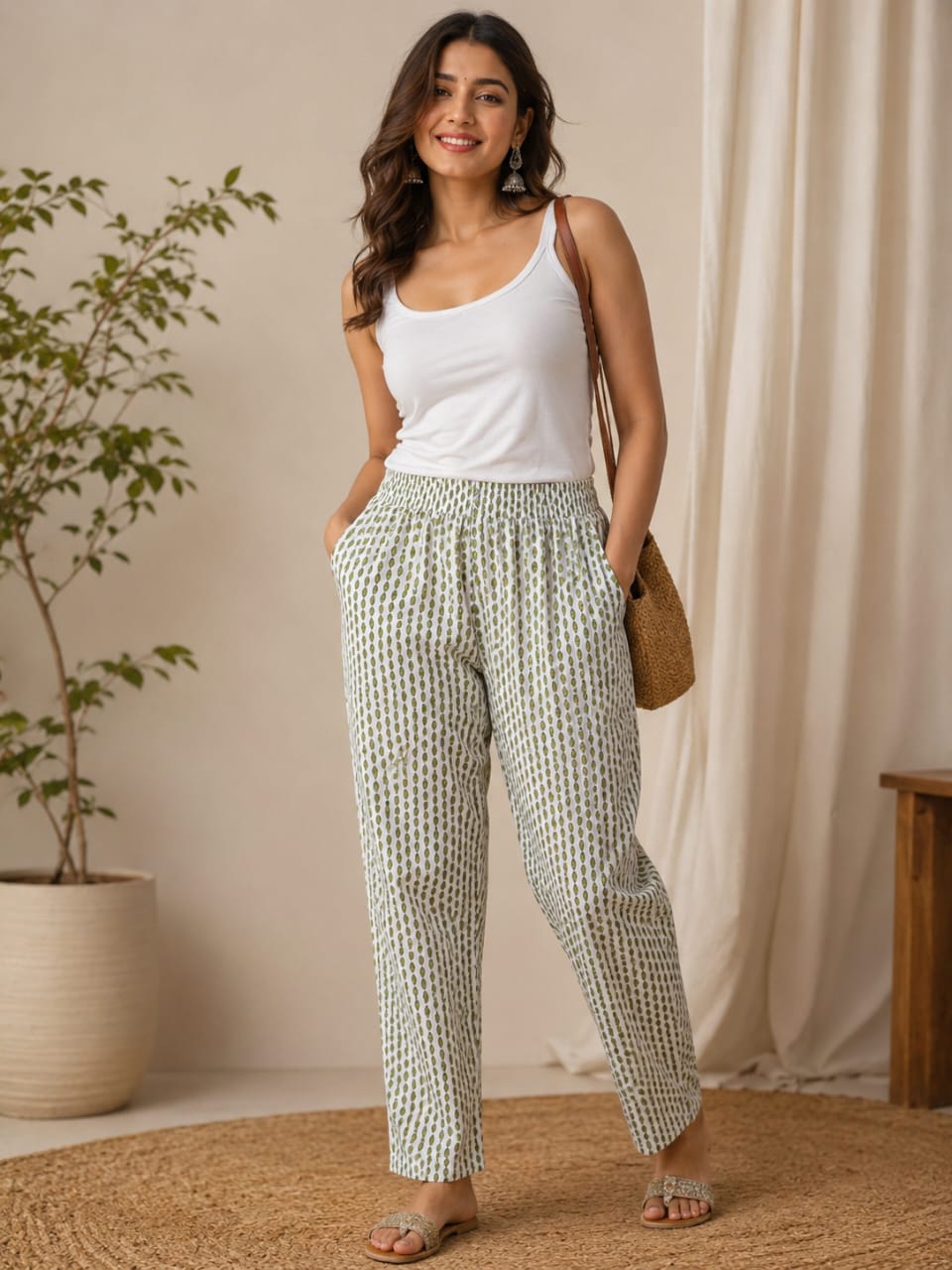 Elegant Green & White Floral Printed Cotton Kurti with Pant Set | 2-Piece Ethnic Wear for Women