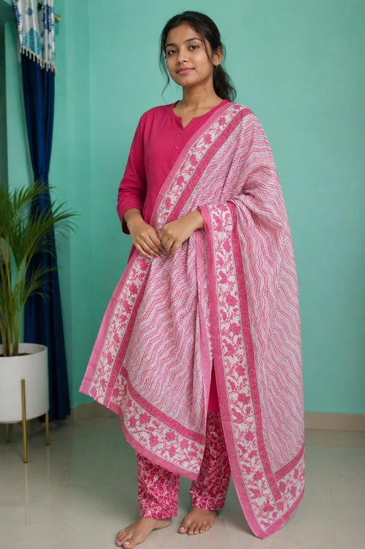 Premium Pink Floral and Chevron Block Print Cotton Dupatta