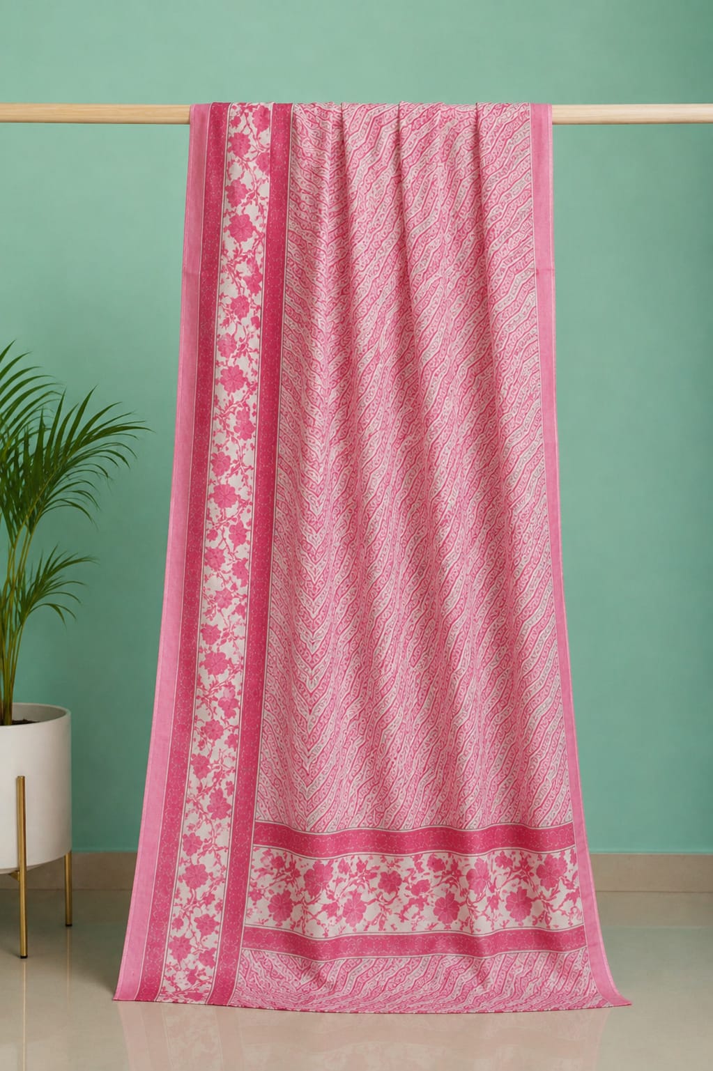 Premium Pink Floral and Chevron Block Print Cotton Dupatta