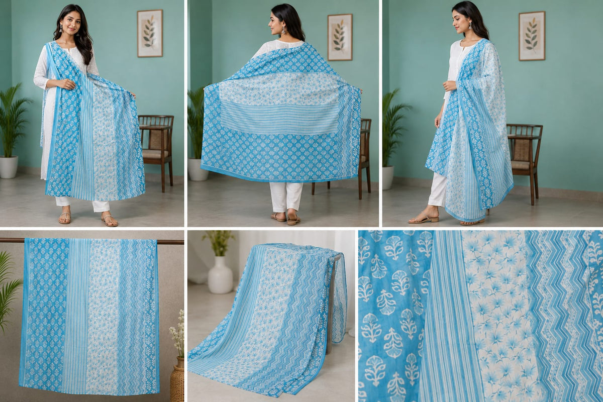 Sky Blue Cotton Block Print Dupatta for Women | Traditional Ethnic Stole (1 PC DUPATTA)